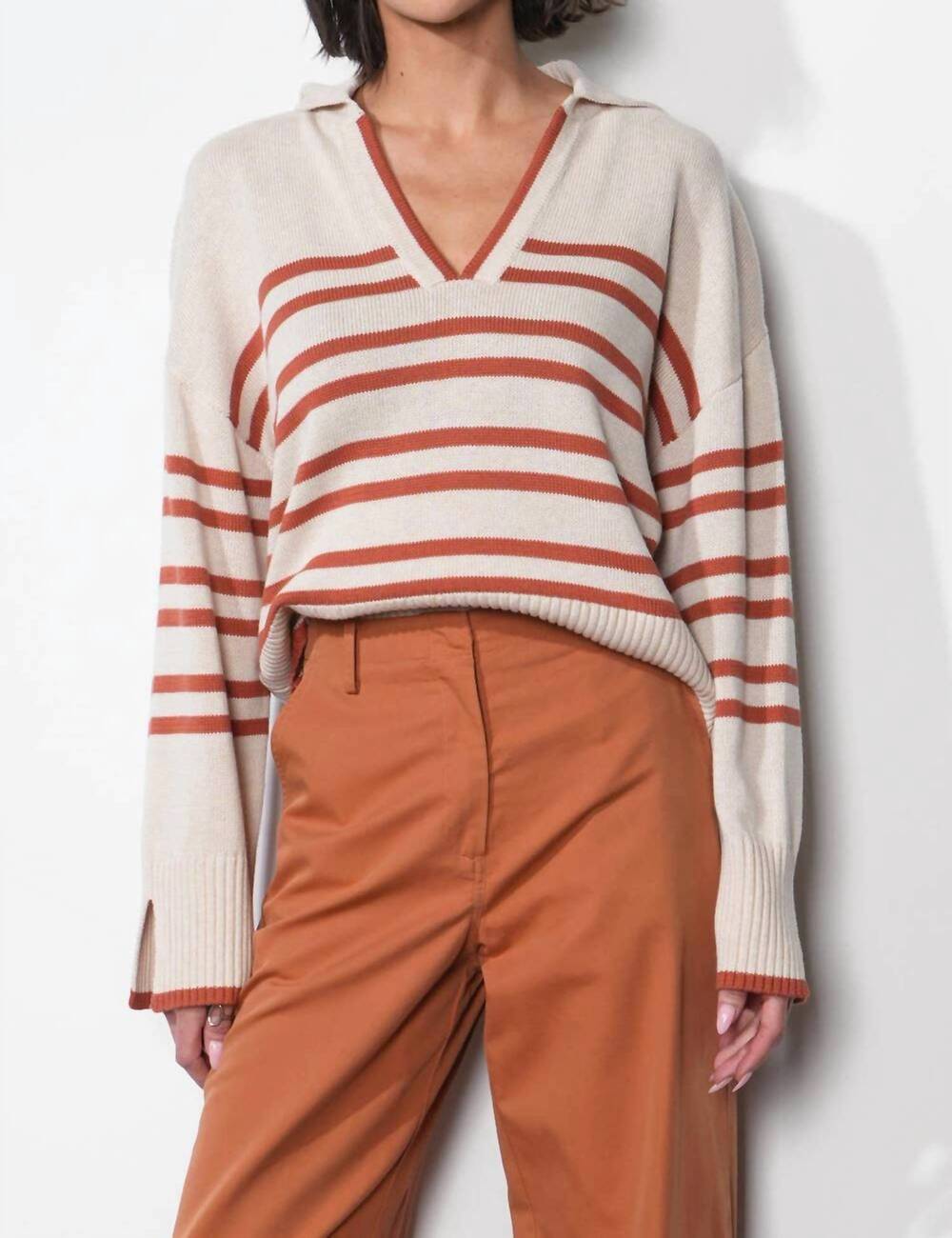 NEW GREYLIN collared stripe sweater in clay
